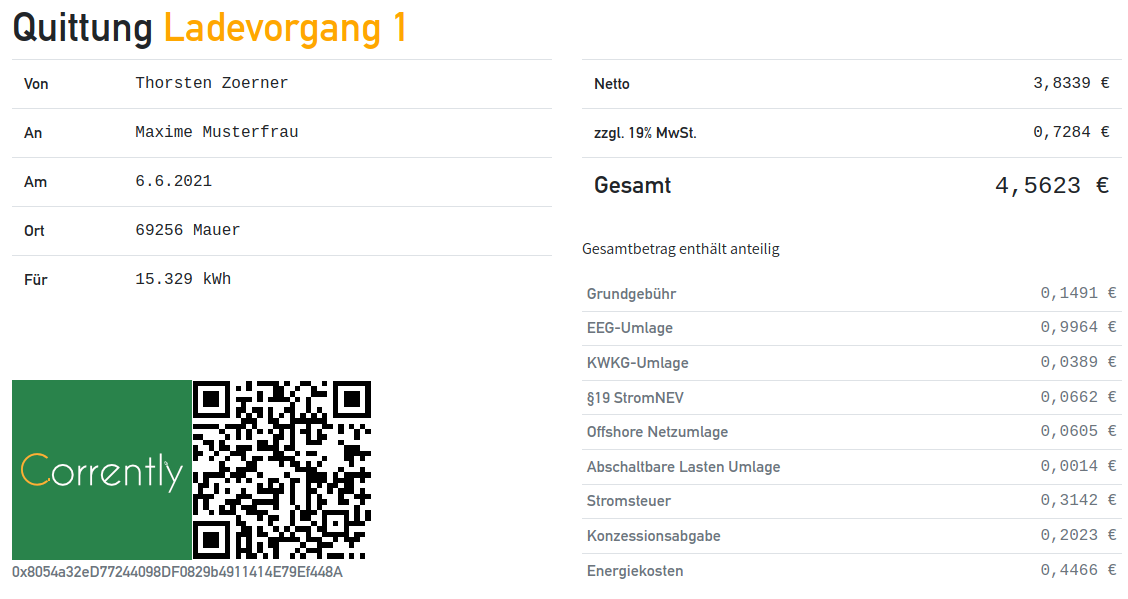 Beispielquittung für einen Ladevorgang